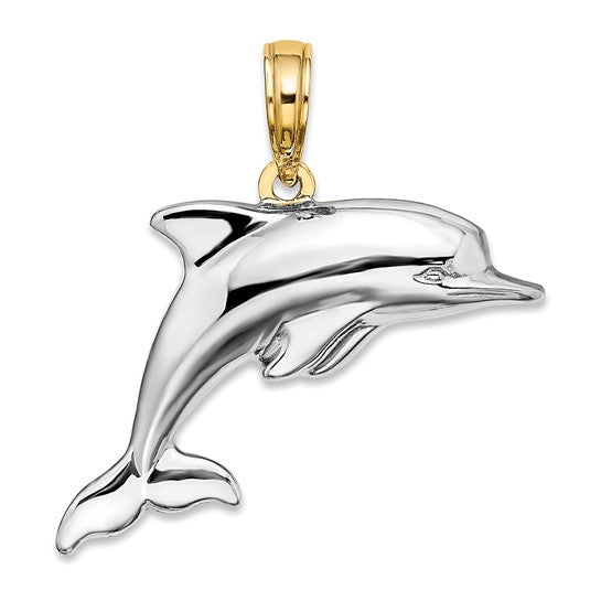 14K Yellow/White Gold Reversible Double Sided Two Tone Dolphin 3D Pendant
