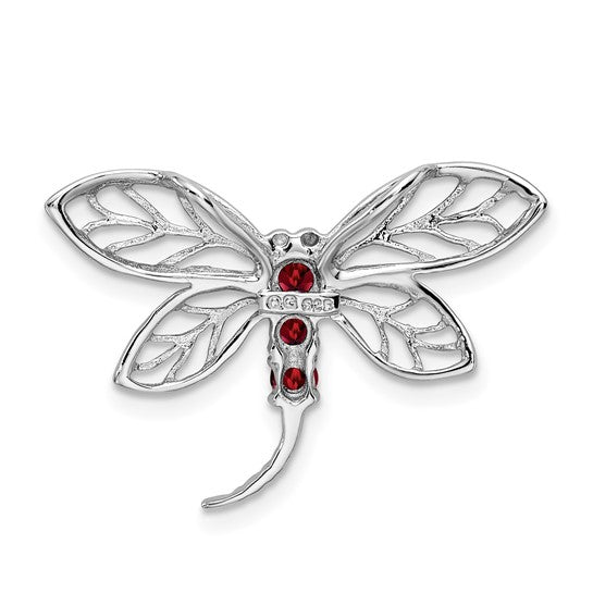 Sterling Silver Rhodium Plated Natural Garnet Dragonfly Pendant