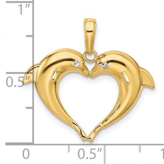 14K Yellow Gold Dolphin Kissing Heart Pendant