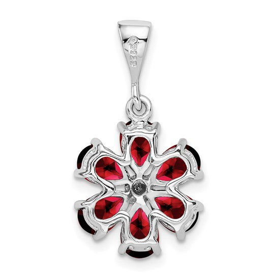 Sterling Silver Natural Garnet & Diamond Flower Pendant