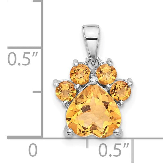 Sterling Silver White Gold Plated Dog Paw Print Natural Citrine Pendant