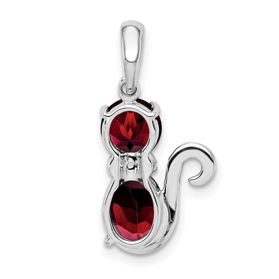 Sterling Silver Rhodium Plated Natural Garnet Cat Pet Pendant