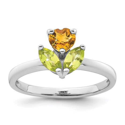 White Gold Plated Sterling Silver Natural Citrine & Peridot Flower Ring