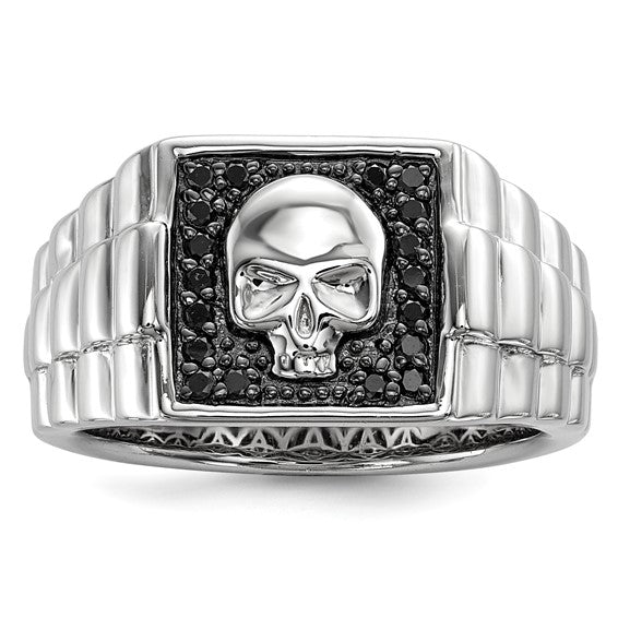 Sterling Silver Skull Halloween Black Diamond Men's Ring