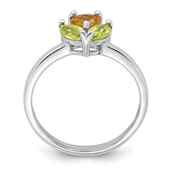 White Gold Plated Sterling Silver Natural Citrine & Peridot Flower Ring