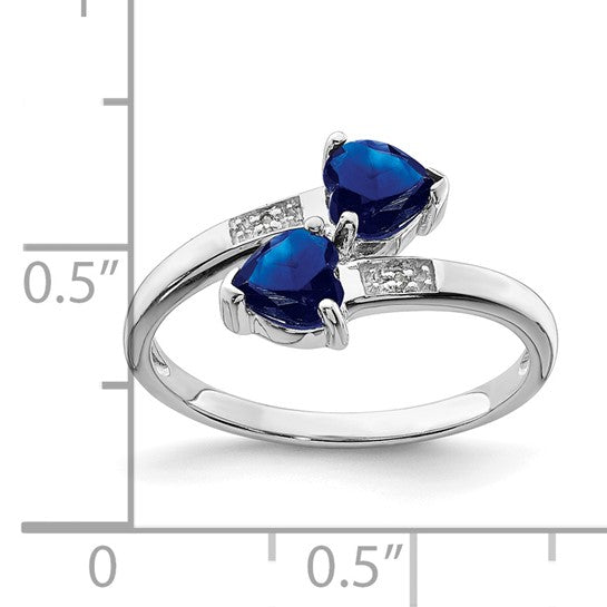 Sterling Silver Natural Sapphire & Diamond Heart 2 Stone Ring