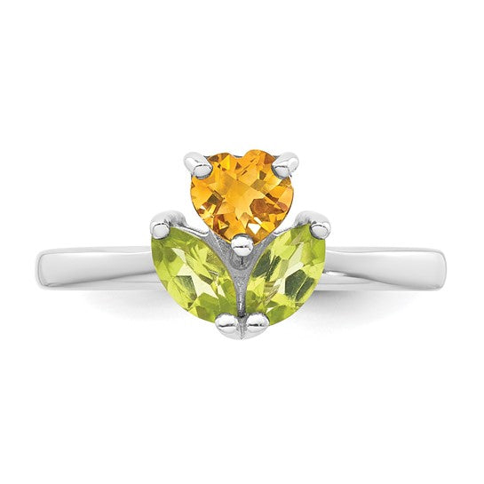 White Gold Plated Sterling Silver Natural Citrine & Peridot Flower Ring