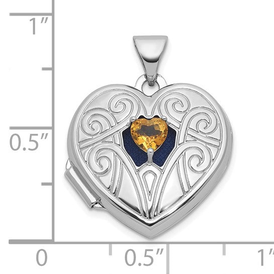 Sterling Silver White Gold Plated Citrine Locket Pendant Heart Shape Stone