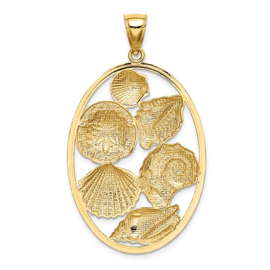 14K Yellow/White Gold Sea Shell Circle Hoop Two Tone Pendant
