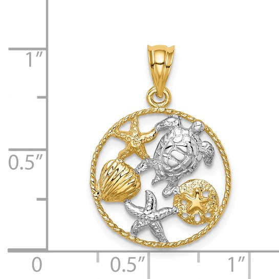 14K Yellow/White Gold Turtle, Starfish, & Shells Hoop Two Tone Pendant