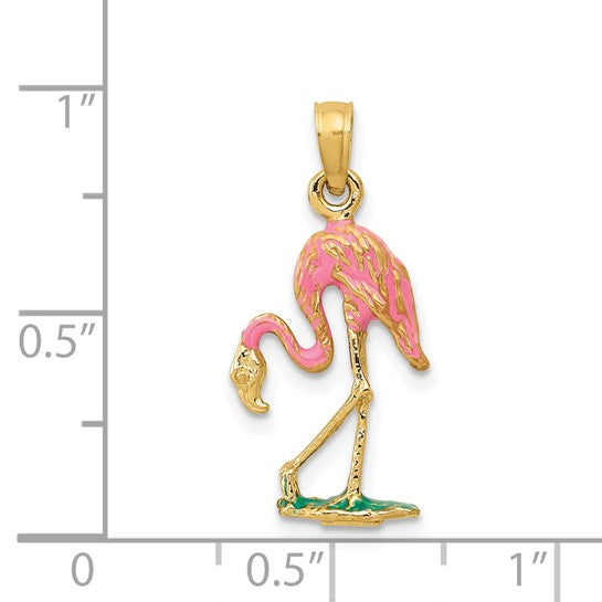 14K Yellow Gold Enameled Flamingo Pendant