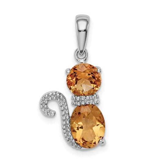 Sterling Silver White Gold Plated Natural Citrine & Diamond Pet Cat Pendant