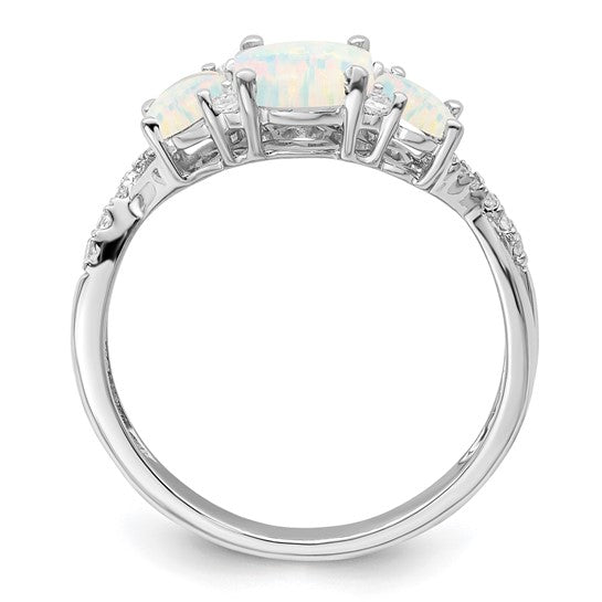 14K White Gold 3 Stone Natural Diamond & Lab Created Opal Ring Promise Ring
