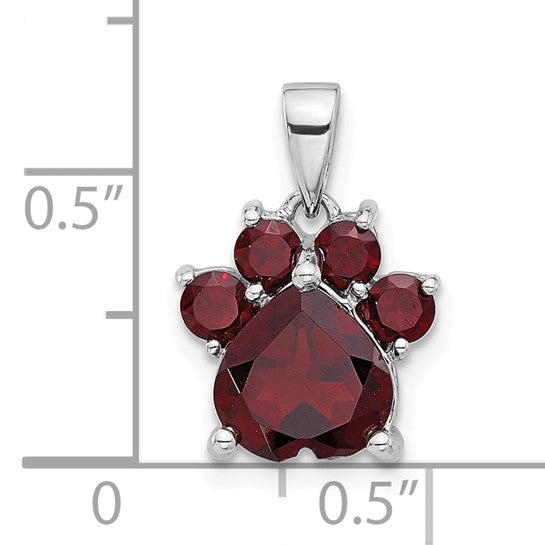 Sterling Silver Rhodium Plated Dog Paw Print Natural Garnet Pendant