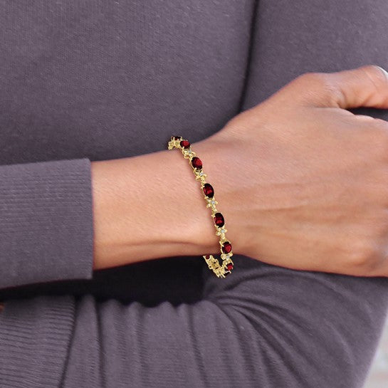 14K Yellow/White Gold Natural Garnet & Diamond Floral Bracelet