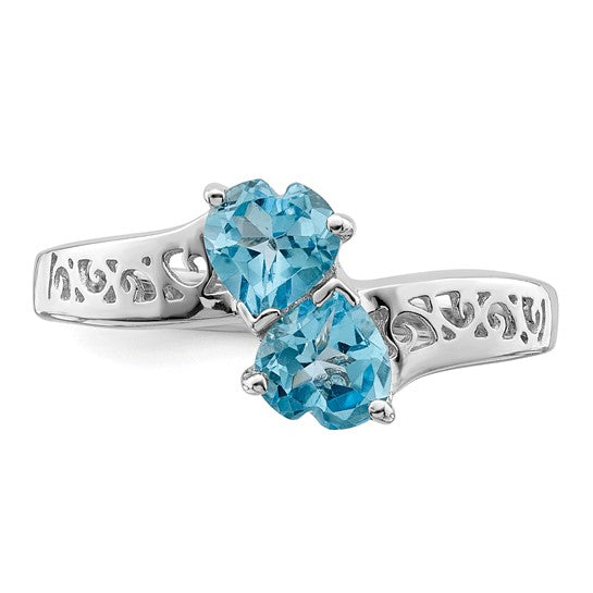 White Gold Filled Sterling Silver Double Heart Stone Blue Topaz Ring