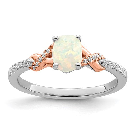 14K White Gold Rose Gold Natural Opal & Natural Diamond Ribbon Two Tone Style Ring