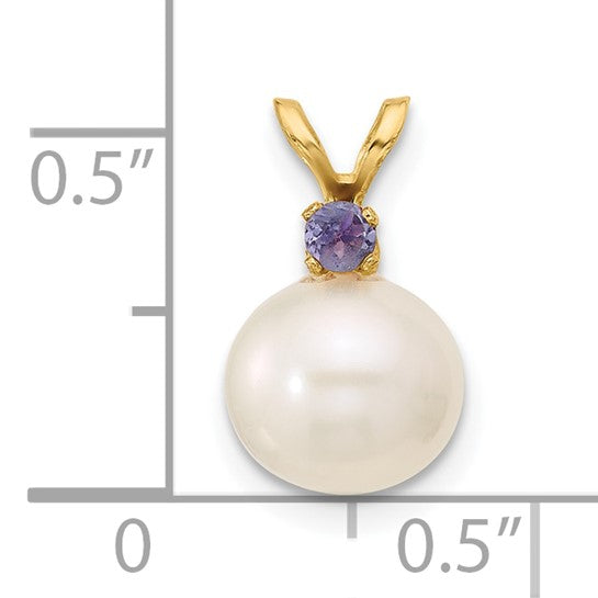 14K Yellow Gold Freshwater Pearl Tanzanite Birthstone Pendant