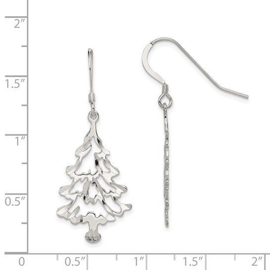Sterling Silver Diamond Cut Christmas Tree Earrings