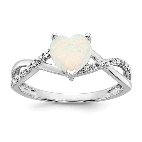 14K White Gold Lab Created Heart Shaped Opal & Natural Diamond Heart Ring
