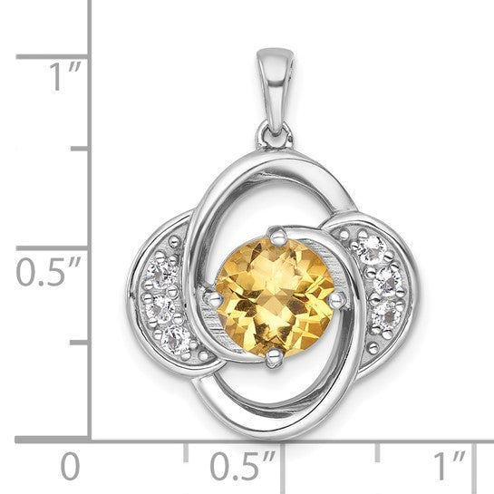 Sterling Silver White Gold Plated Double Halo Natural Citrine & Diamond Pendant