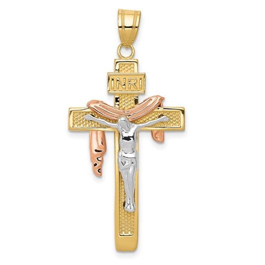 Tri Colored INRI Crucifix 14K Gold