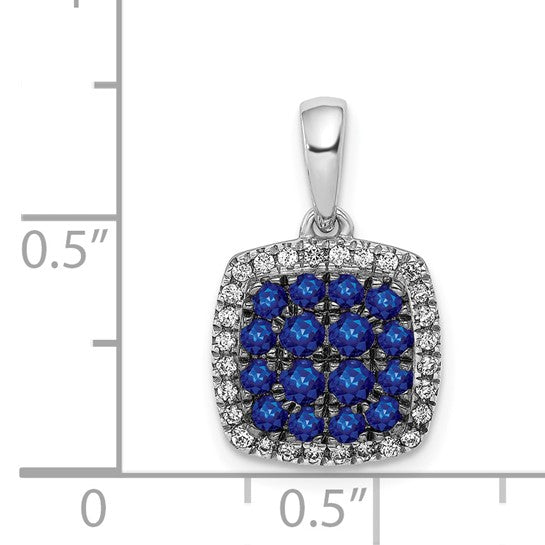14K White Gold Squares Cluster Stone Natural Sapphire & Diamond Pendant