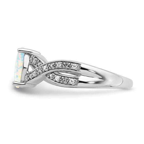 14K White Gold Lab Created Opal & Natural Diamond Twist Band Ring