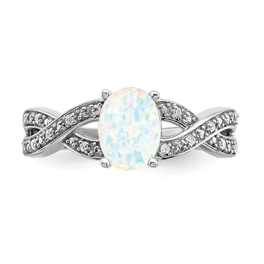 14K White Gold Lab Created Opal & Natural Diamond Twist Band Ring