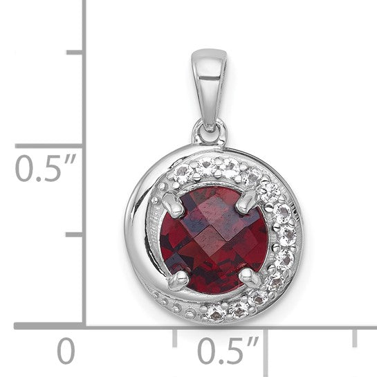 Sterling Silver Rhodium Plated Natural Garnet & White Topaz Circle Pendant