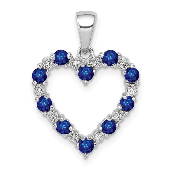 14K White Gold Natural Sapphire & Diamond Heart Pendant