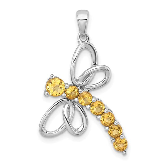 Sterling Silver White Gold Plated Natural Citrine Dragonfly Pendant