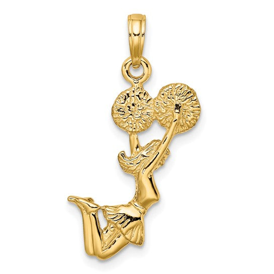 14K Yellow Gold 3D Jumping Cheerleader Pom Pom Pendant