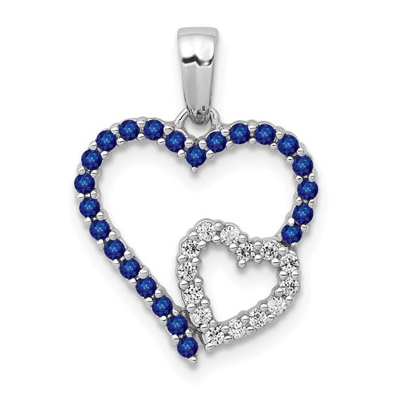 14K White Gold Double Heart Natural Sapphire & Diamond Pendant
