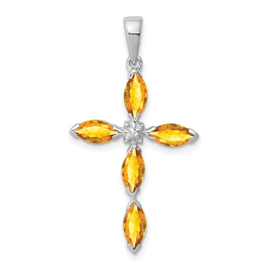 Sterling Silver White Gold Plated Natural Citrine Cross Pendant