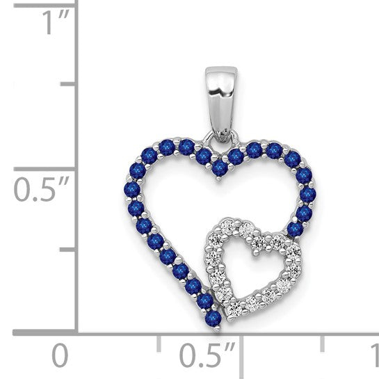 14K White Gold Double Heart Natural Sapphire & Diamond Pendant