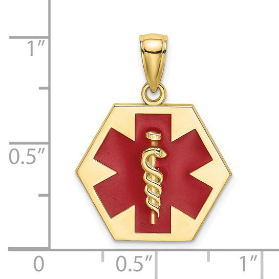 10K Yellow Gold EMT Medical Symbol Red Pendant