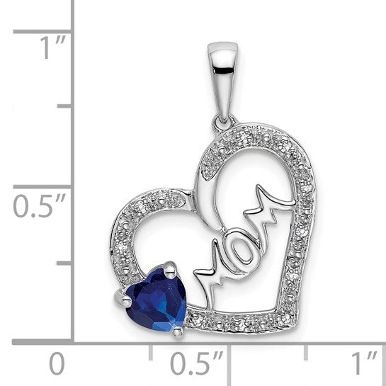 14K White Gold Double Hear Mothers Heart Natural Sapphire & Diamond Pendant