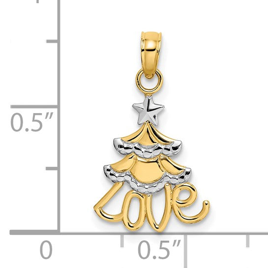 10K Yellow Gold Two Tone Love Christmas Tree Pendant