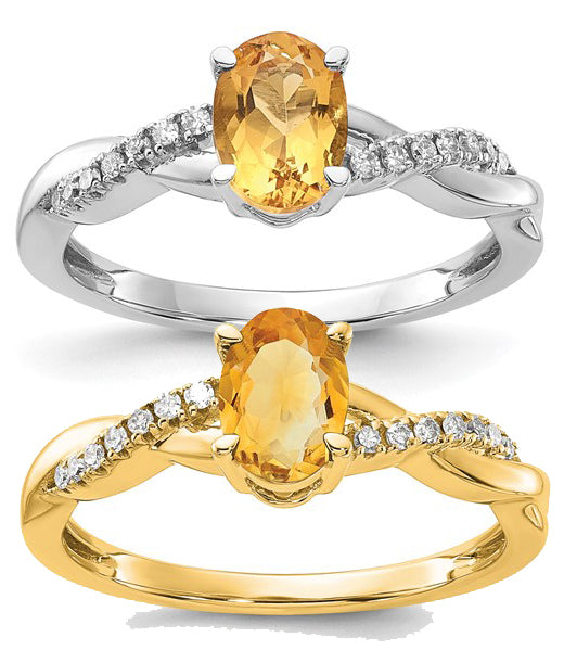 10K/14K Yellow/White Gold Natural Citrine Oval Ring With Diamond Twist