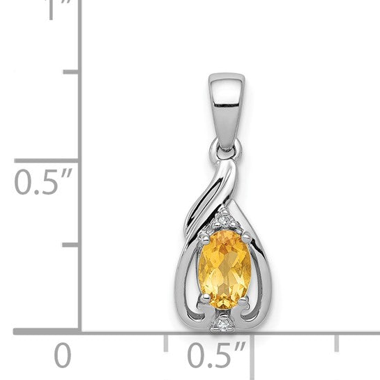 Sterling Silver White Gold Plated Tear Drop Natural Citrine & Diamond Pendant