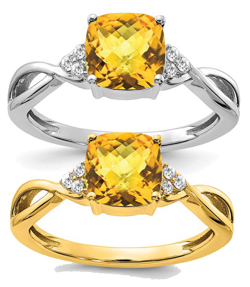 10K/14K Yellow/White Gold 1.75 Carat Cushion Cut Natural Citrine Ring