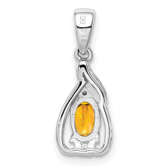 Sterling Silver White Gold Plated Tear Drop Natural Citrine & Diamond Pendant