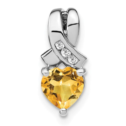 Sterling Silver White Gold Plated Natural Citrine 1 Carat & Natural Diamond Heart Pendant