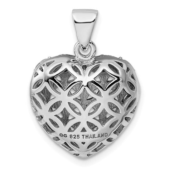 Sterling Silver Rhodium Plated 3D Lace Heart With Natural Garnet Pendant