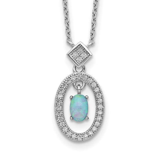 White Gold Over Sterling Silver Lab Created Opal & CZ Halo Chain & Pendant