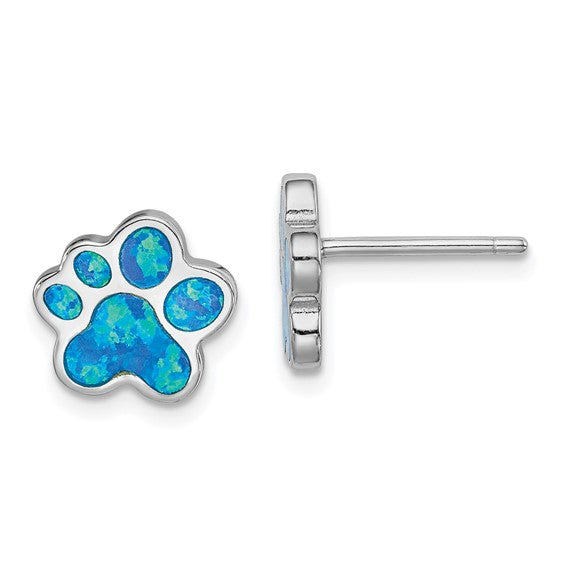 Sterling Silver White Gold Plated Puppy Paw Lab Created Blue Opal Inlay Earrigns