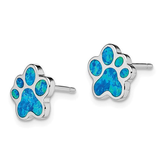 Sterling Silver White Gold Plated Puppy Paw Lab Created Blue Opal Inlay Earrigns