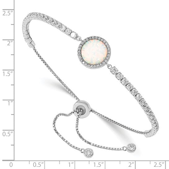 Sterling Silver White Gold Plated Lab Created Opal & CZ Adjustable Bracelet