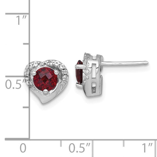 Sterling Silver White Gold Heart Shaped Round Cut Natural Garnet & White Topaz Earrings